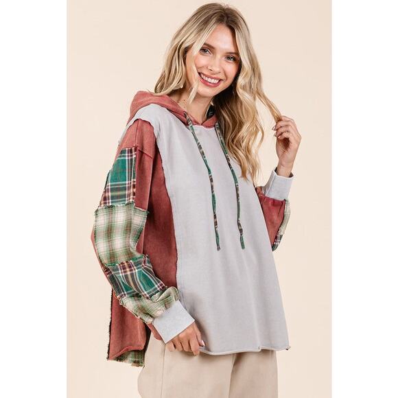 4***MITTOSHOP COTTON FRENCH TERRY AND PLAID WOVEN FABRIC MIX - Picture 1 of 2